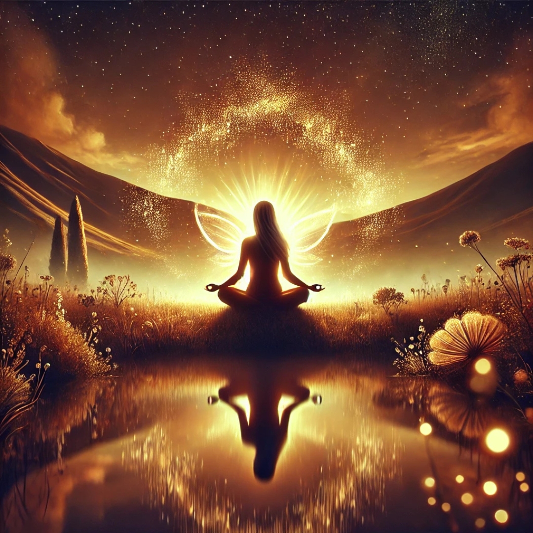 Femme assise en méditation dans un paysage doré, entourée de particules lumineuses, avec une silhouette floue disparaissant en arrière-plan, symbolisant la guérison d’une blessure de trahison transgénérationnelle