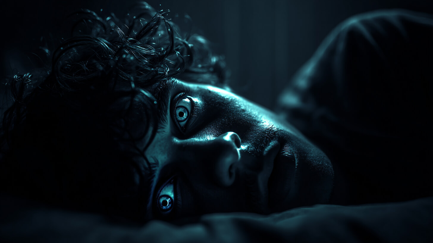 Close-up of a person lying on their side in bed in a dark room, eyes wide open and staring ahead. Cool blue lighting highlights their face, emphasizing tension, alertness, and restlessness. The background is shadowy and indistinct, creating an intimate, nocturnal atmosphere that conveys insomnia, anxiety, or intrusive thoughts during the night.
