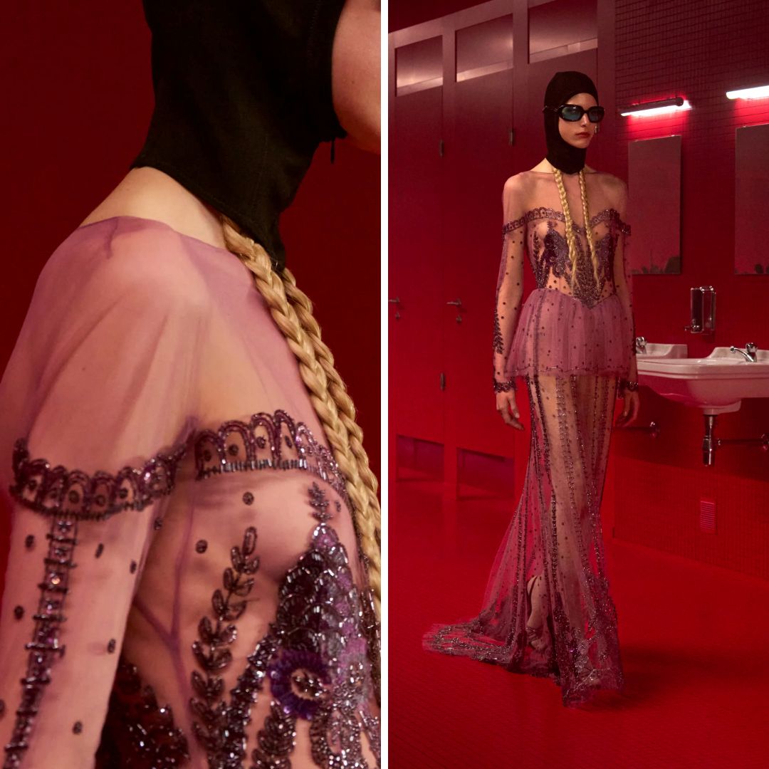 Close-up and full view of a sheer lilac gown from Valentino Fall 2025 with vertical crystal beading and floral embroidery on tulle.