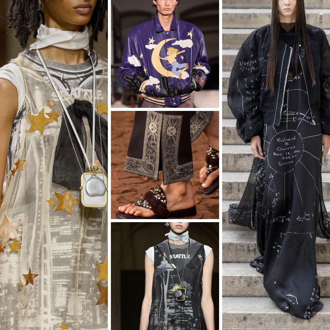 Spring/Summer 2026 runway looks illustrating the “Stargaze” trend: star motifs printed on sheer garments, a jacket with moon and cloud graphics, celestial embroidery on trouser panels, and garments covered with chalk-like star and constellation drawings.