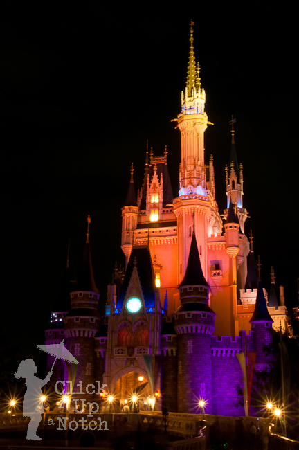 The Disney castle lit up at night.