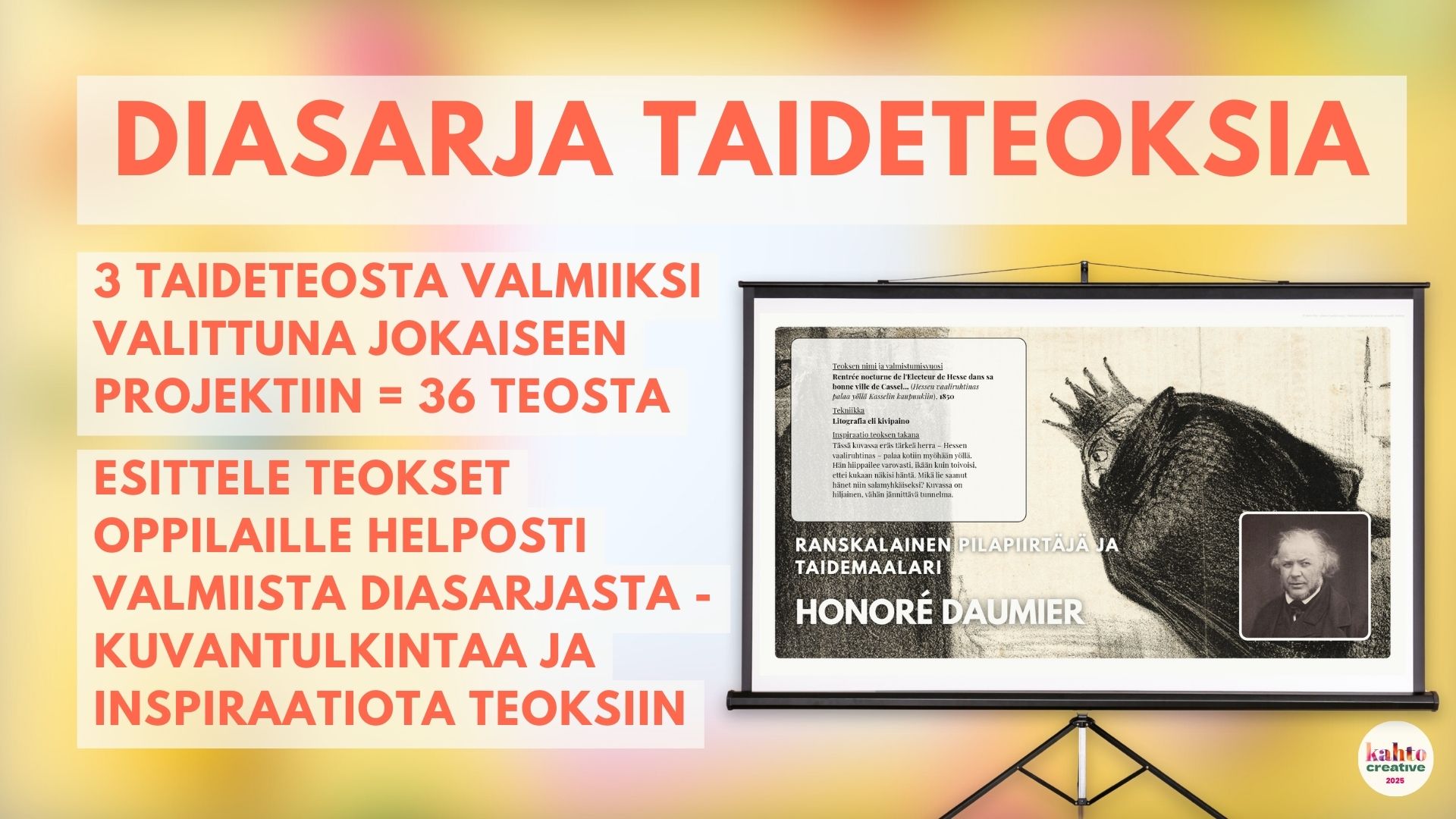 Taideteosesimerkit valmiissa diasarjassa helpottavat opettajan arkea.