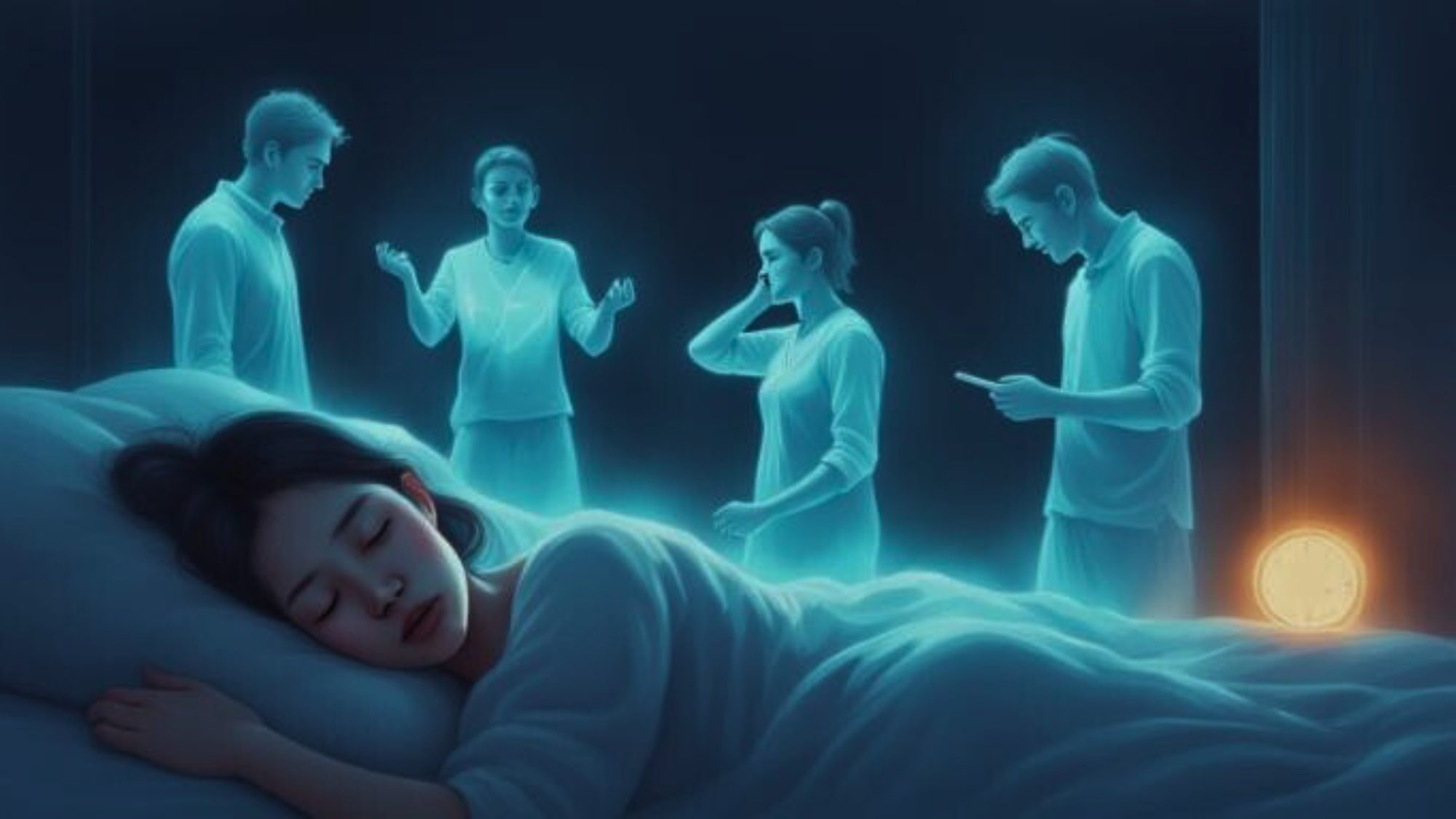 3D holographic scene of a woman sleeping peacefully in bed while multiple translucent, glowing versions of herself stand around her in worried, thinking, and distracted poses, symbolizing mental overthinking and future stress continuing while the body rests.