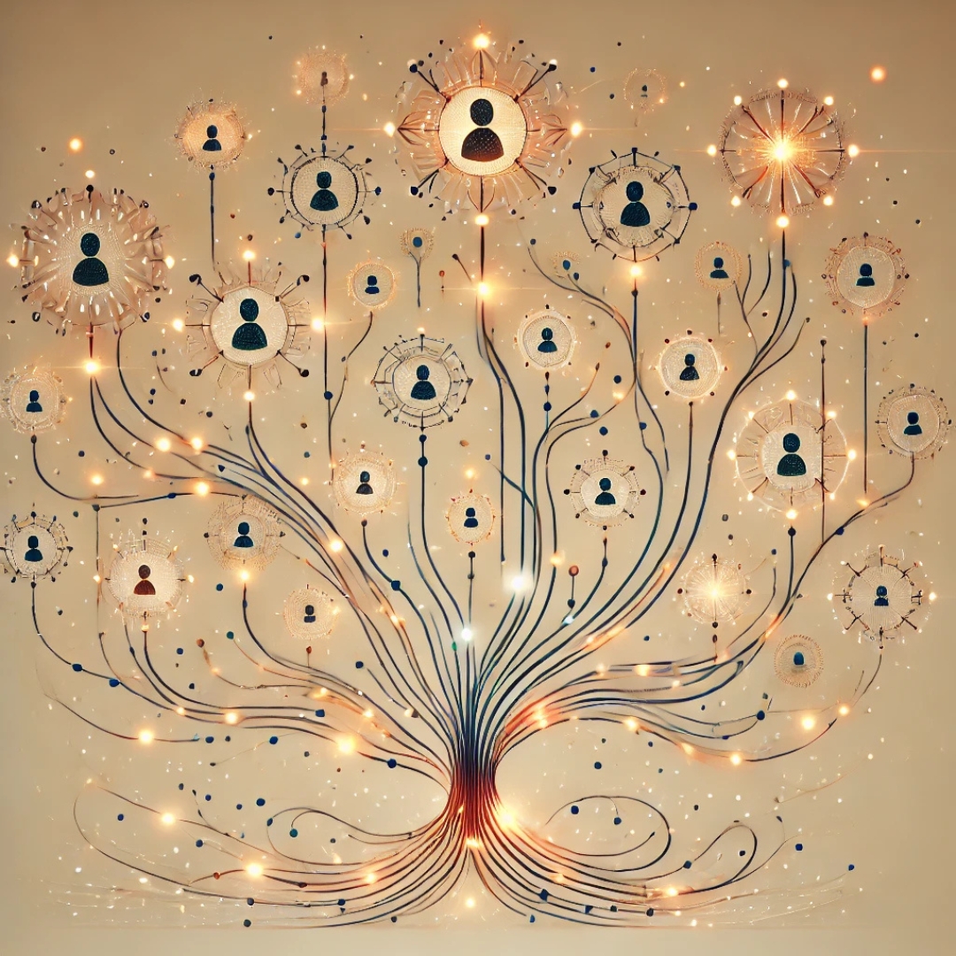 Arbre généalogique abstrait avec des points lumineux reliés par des lignes, illustrant les transmissions familiales