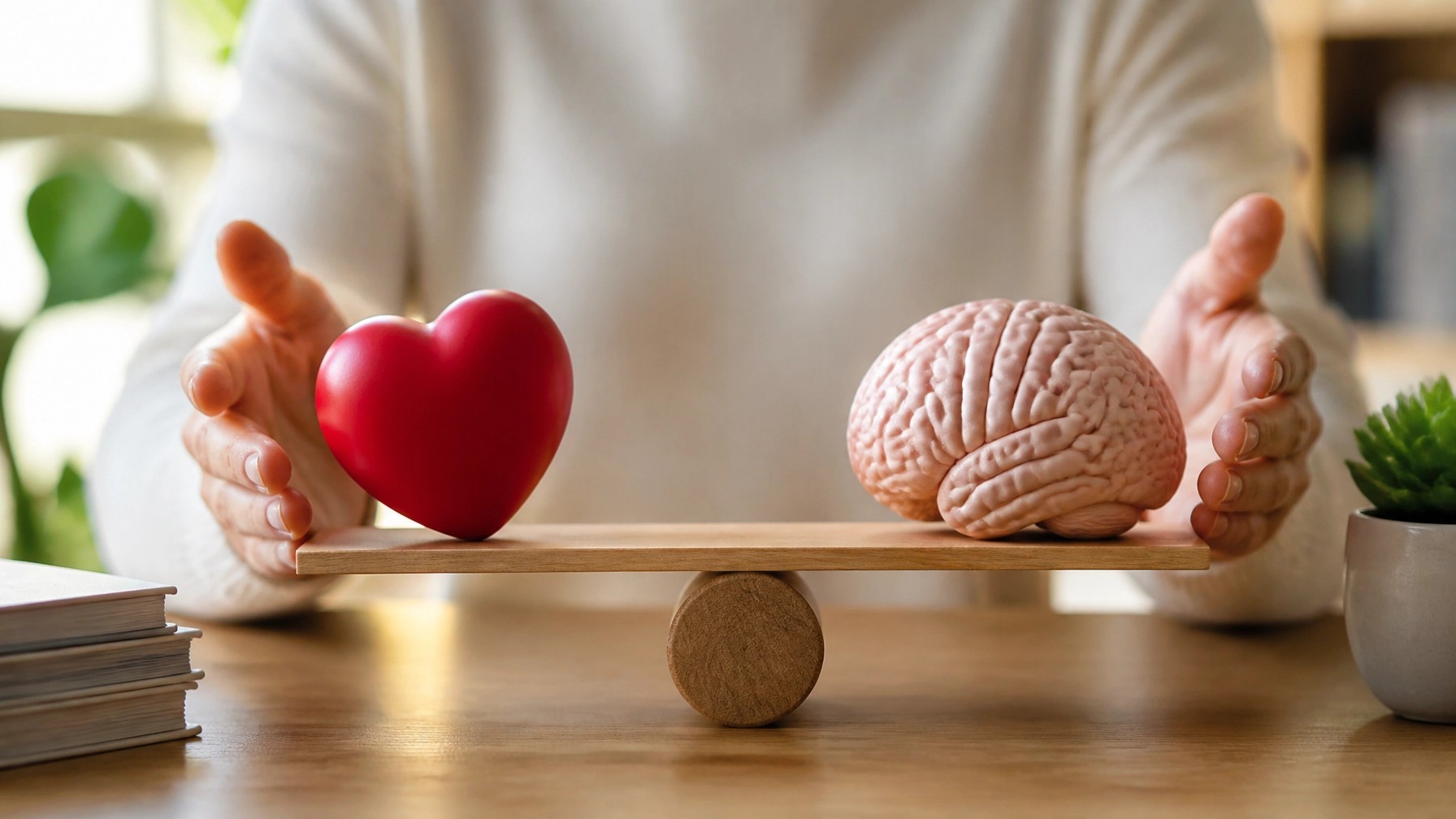 A warm, artistic representation of a human heart and brain symbolizing the balance between thoughtful reasoning and inner feelings when making a choice.