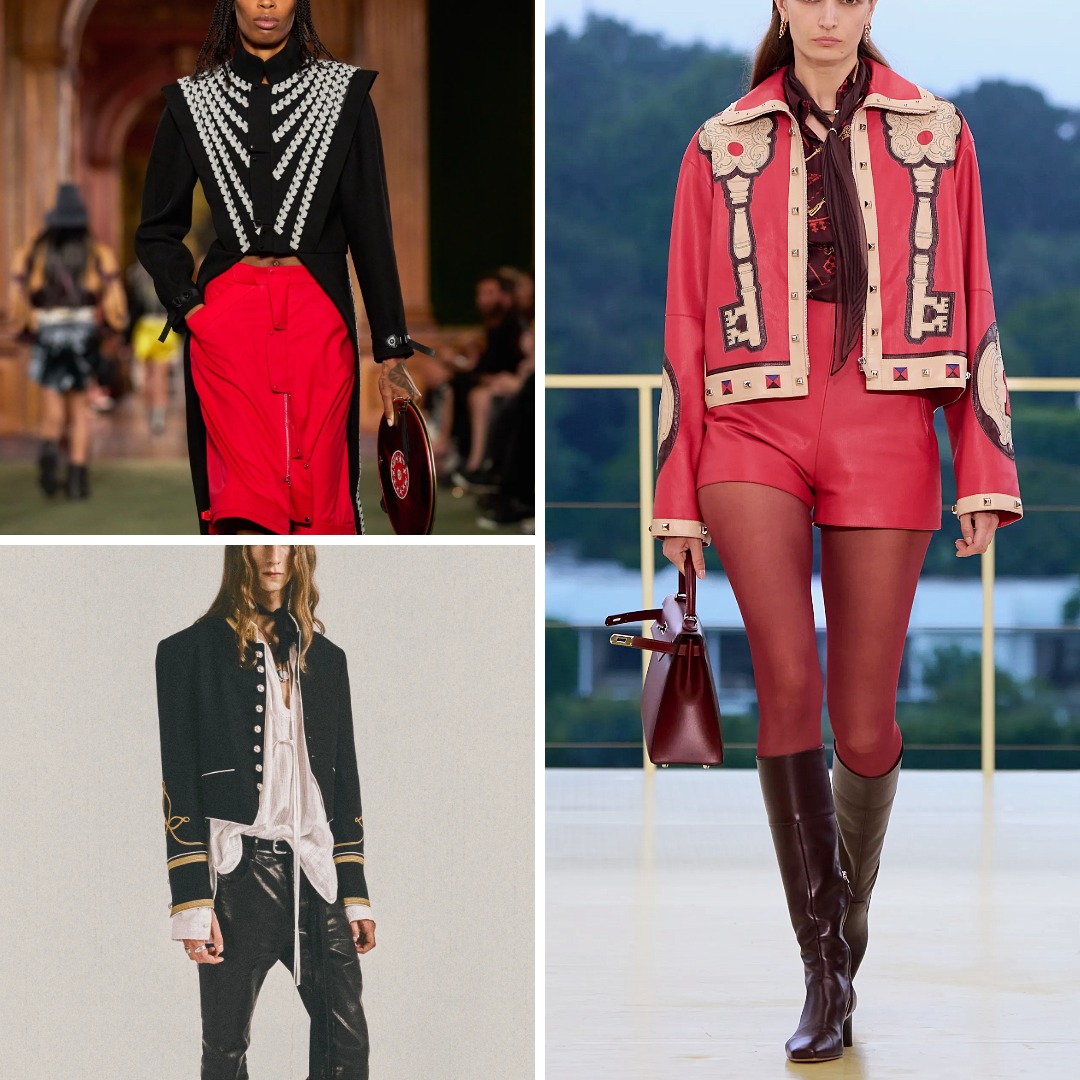 Resort 2027 military-inspired fashion by Louis Vuitton, Ann Demeulemeester and Hermès, including officer-style tailoring, Hussar references, decorative buttons and embroidered details.