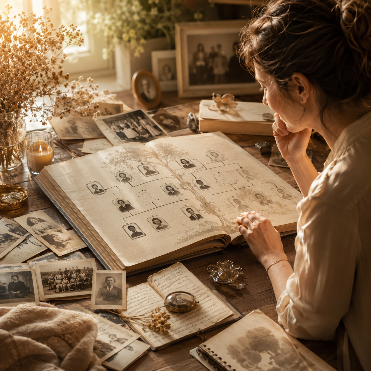 Arbre familial avec prénoms dates et souvenirs anciens pour identifier un possible syndrome du gisant