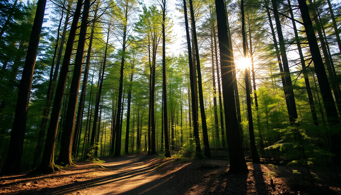 path through a forest of trees with sunlight shining through the leaves