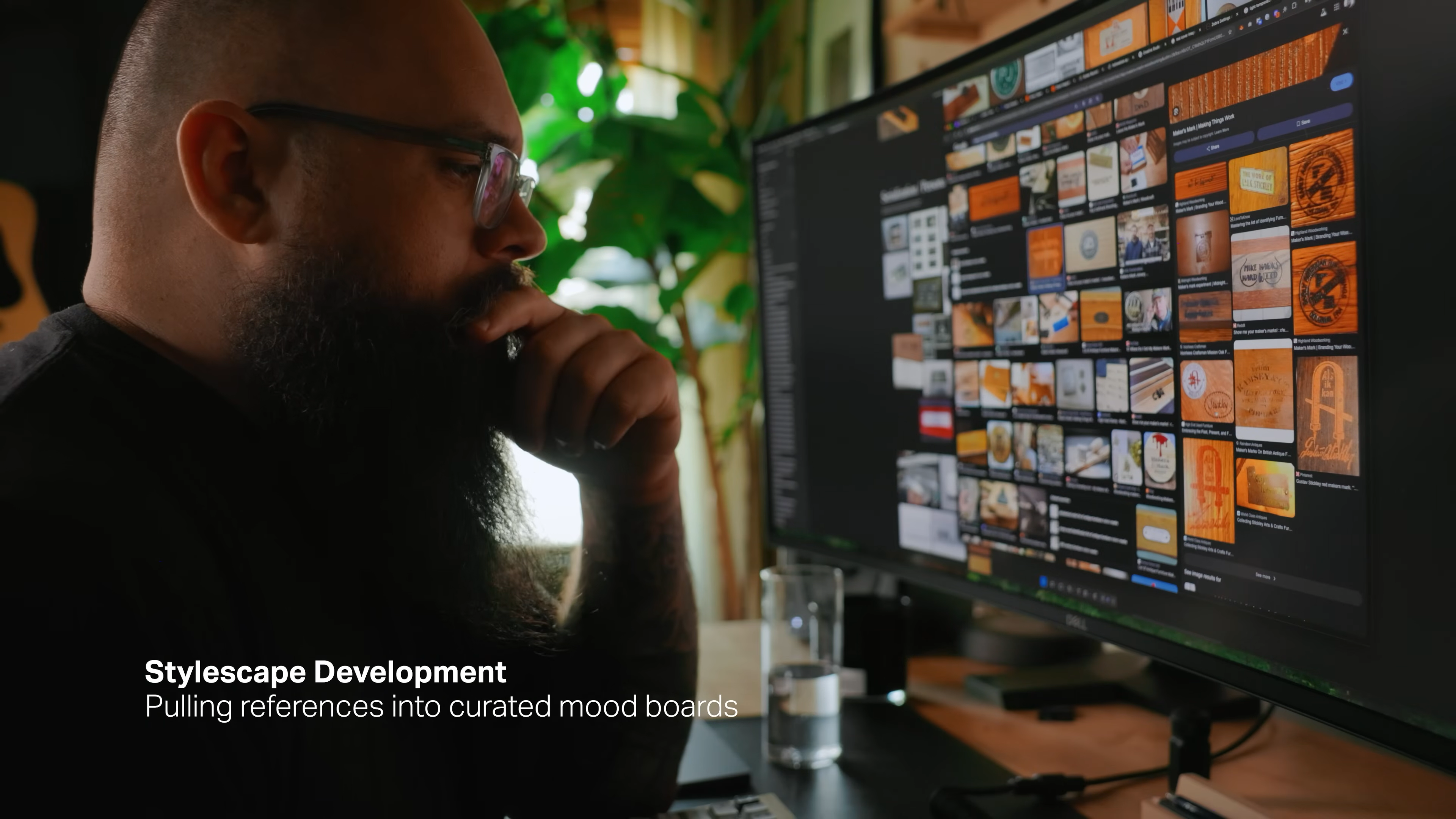 Designer developing stylescapes by collecting visual references for mood boards on a computer, part of Mode’s rebranding process in Matthew Encina’s video.