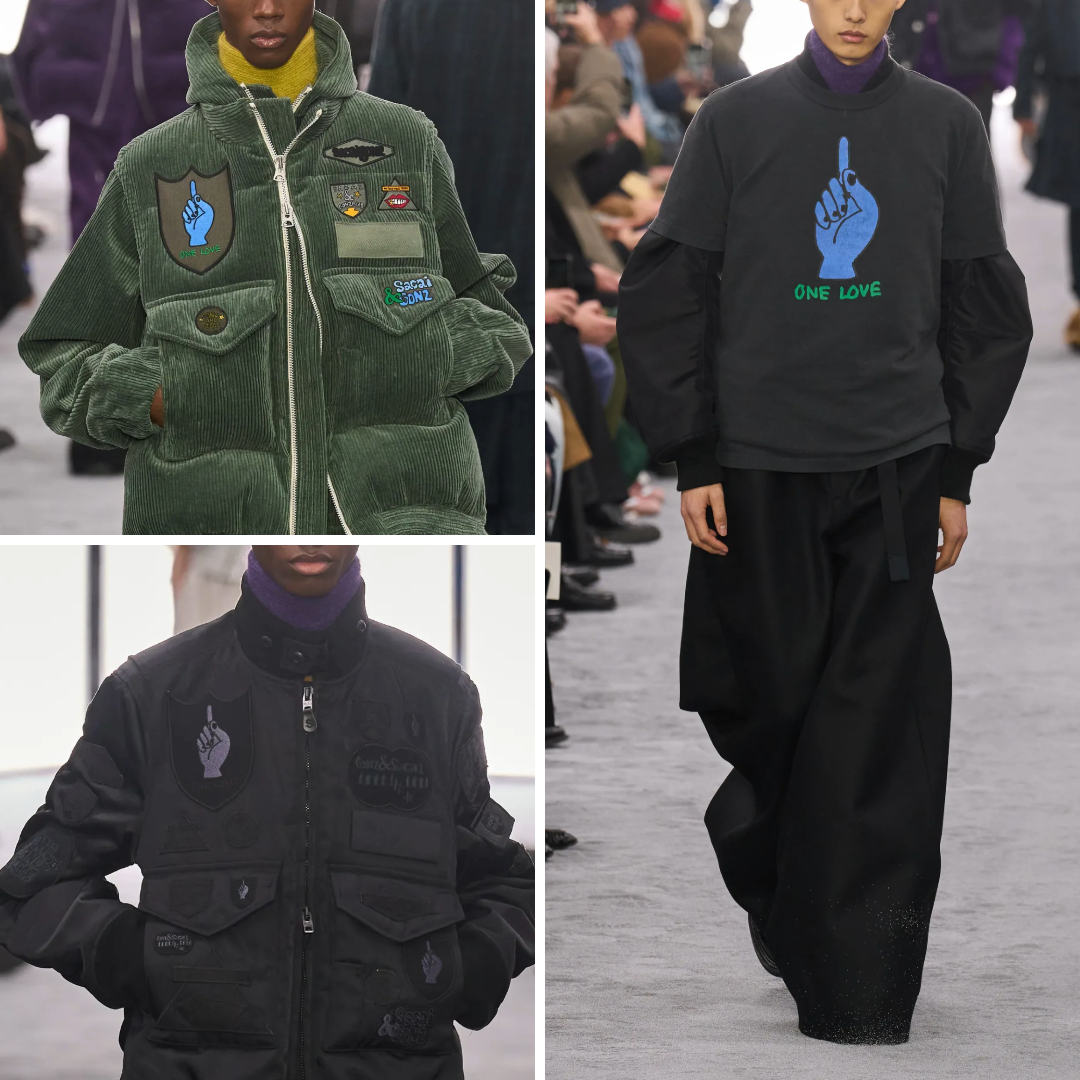 Menswear runway looks featuring embroidery and embellishments. Top left: A green corduroy jacket with embroidered patches. Bottom left: A black utility jacket adorned with tonal embroidery and patches. Right: A dark sweatshirt with a bold embroidered 'One Love' motif