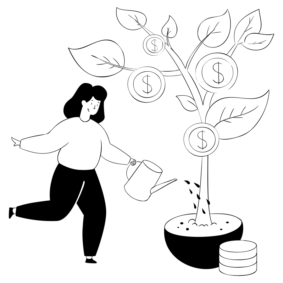 An illustration of a person giving water to a plant that has coins of money as fruits