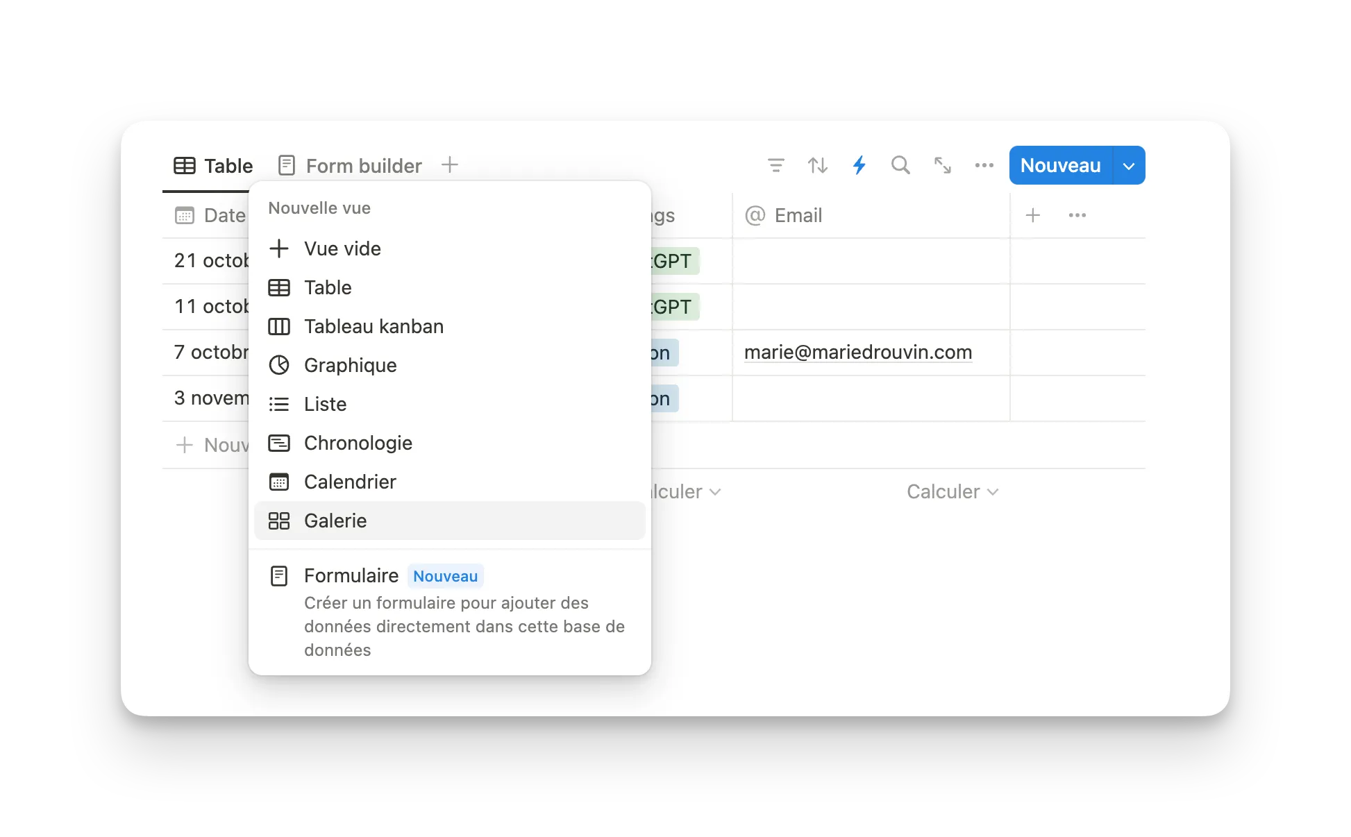 Vue de formulaire dans Notion