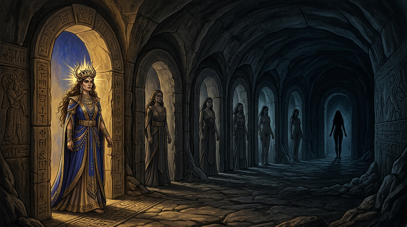 A dramatic narrative illustration depicting a woman in an elaborate blue and gold gown and a horned, radiant crown stepping through the first of a series of stone arches into a dark, subterranean cave system. In each successive archway leading deeper into the darkness, a shadowy female figure stands, with each figure appearing progressively less adorned until the final silhouette stands entirely bare at the end of the tunnel.