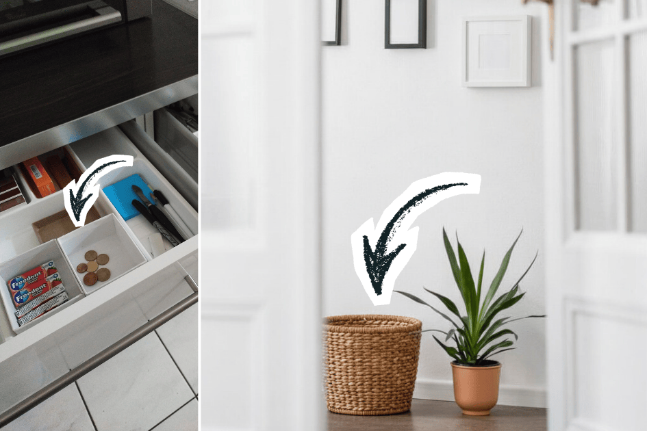 Compartiment de tiroir pour petits objets nomades (pièces, stylos, chargeurs) et panier dédié pour objets à rendre.