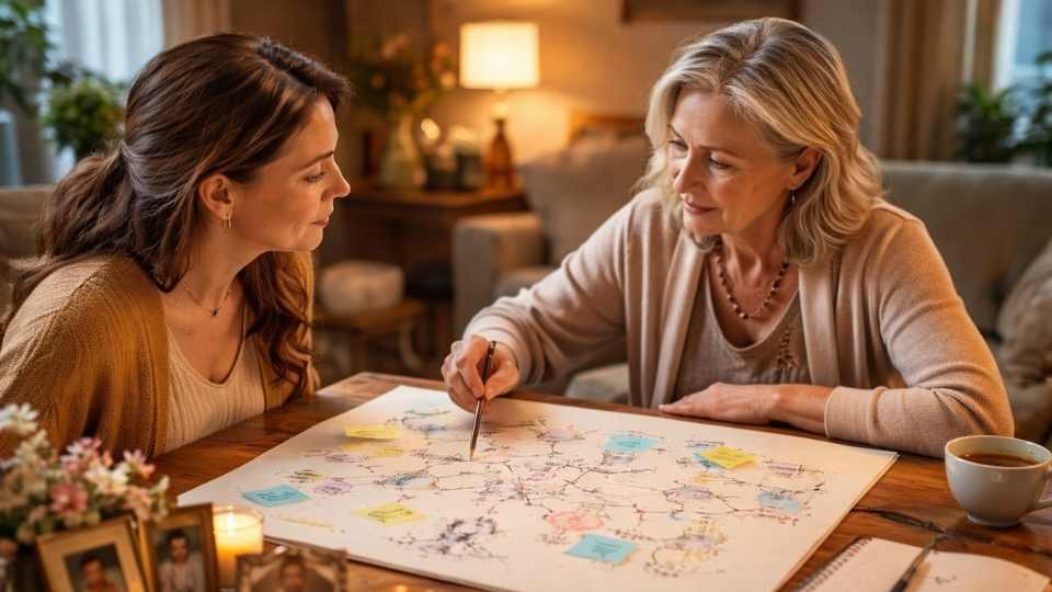 deux femmes en séance d’analyse d’un arbre généalogique, dans une posture d’écoute et d’accompagnement symbolique