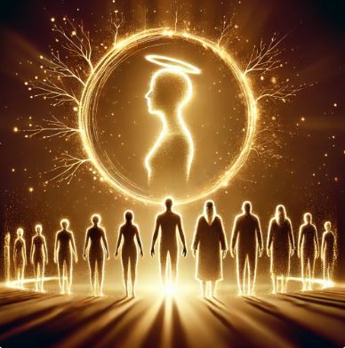 Silhouette lumineuse entourée d’un halo doré, connectée à des ancêtres souriants, symbolisant la transmission transgénérationnelle positive et la guérison des mémoires familiales