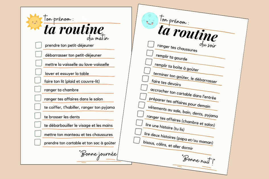 Deux fiches routines pour enfants, du matin et du soir, avec liste des tâches quotidiennes à faire