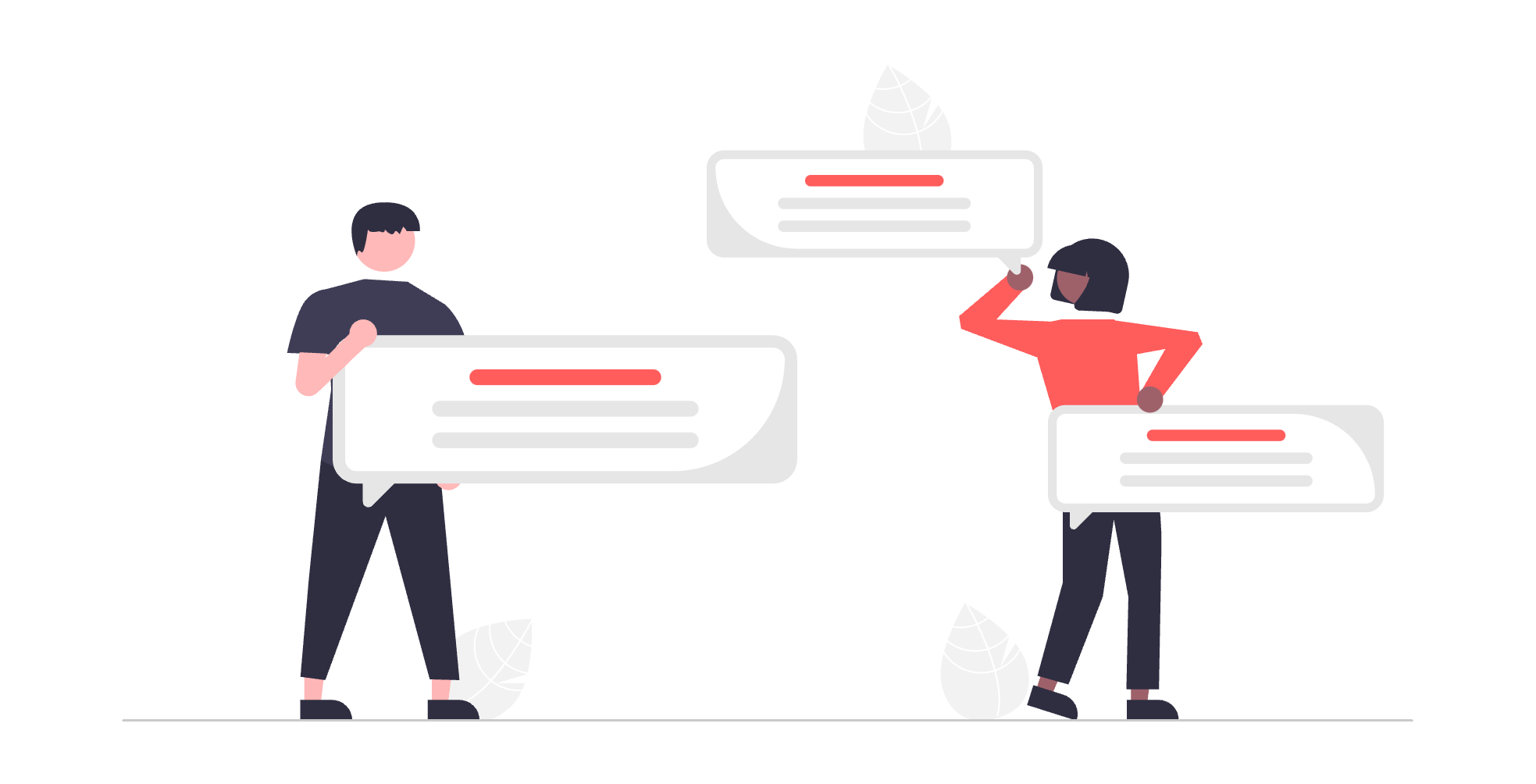 An illustration of two people chatting together with huge chat bubbles