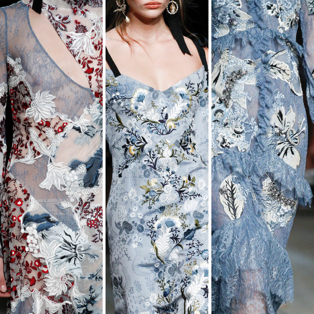 Three embroidered gowns from Erdem Spring/Summer 2017: sheer blue dress with white and red floral appliqué, a soft blue slip dress with 17th-century-inspired botanical embroidery, and a lace-trimmed gown with layered blue and ivory motifs. The collection reimagines a sunken aristocratic wardrobe through embellishment.