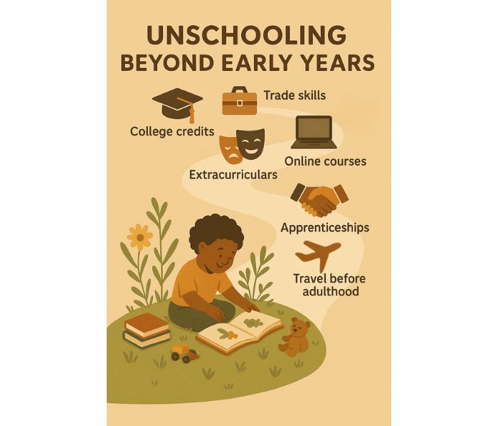 Roadmap of unschooling beyond early years with a Black child reading in a garden and icons for college, trade, online courses, activities, apprenticeships, and travel.