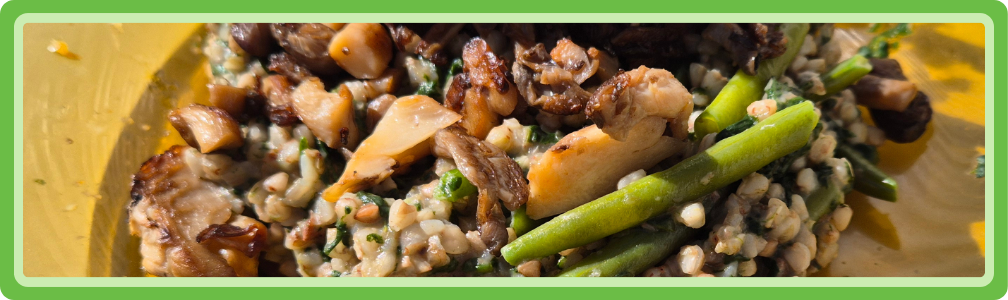 Bord met romige paddenstoelenrisotto van kastanjechampignons, wilde paddenstoelen en oesterzwammen op een houten tafel.