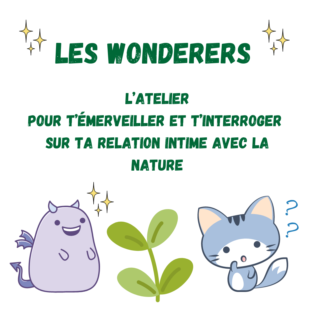 Les Wonderers, l'atelier pour t'émerveiller et t'interroger sur ta relation intime avec la nature. Sous le texte, un petit dragon et un petit chat s'émerveillent et s'interrogent face à une petite plante.