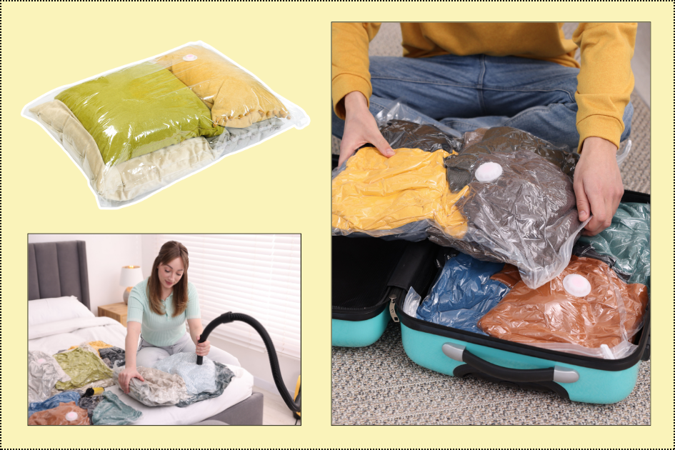 Housses sous vide pour réduire le volume des vêtements, couettes ou textiles hors saison : une solution pratique pour optimiser l’espace dans les placards et valises.