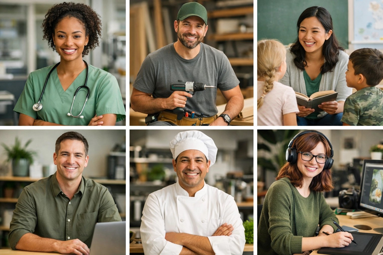 A collage of diverse career paths including healthcare, education, trades, and creative technology.