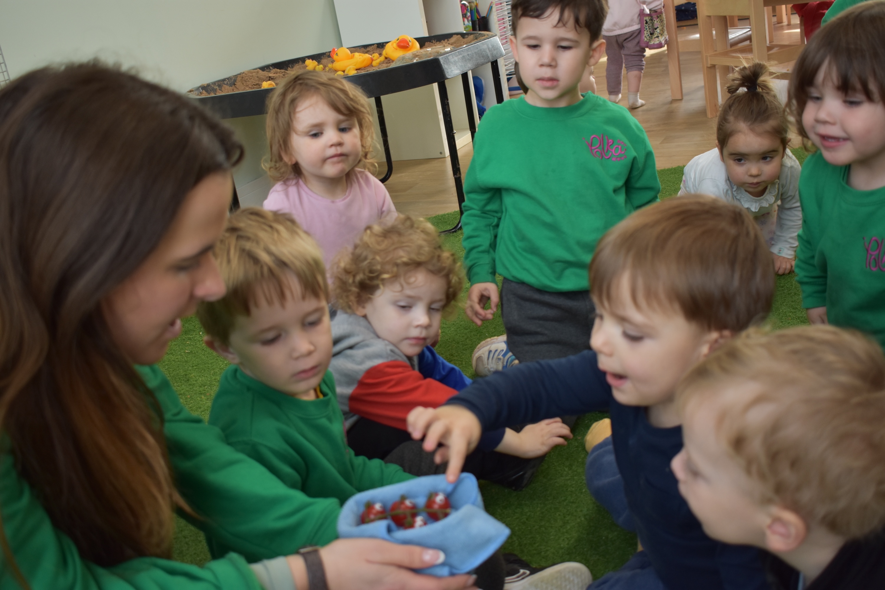 Many early years children, sitting around a female teacher in an EYFS educational setting, learning about cherry tomatoes.