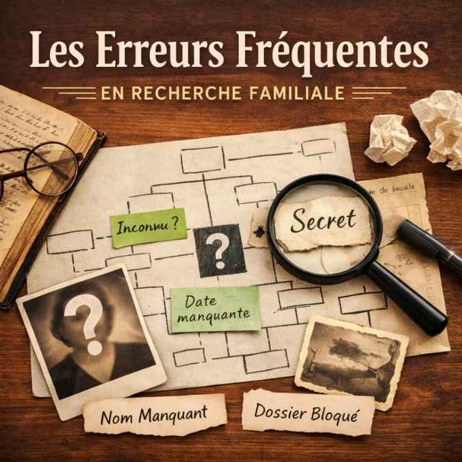 Erreurs fréquentes en recherche familiale transgénérationnelle, avec arbre généalogique incomplet, documents manquants et zones de silence dans la lignée