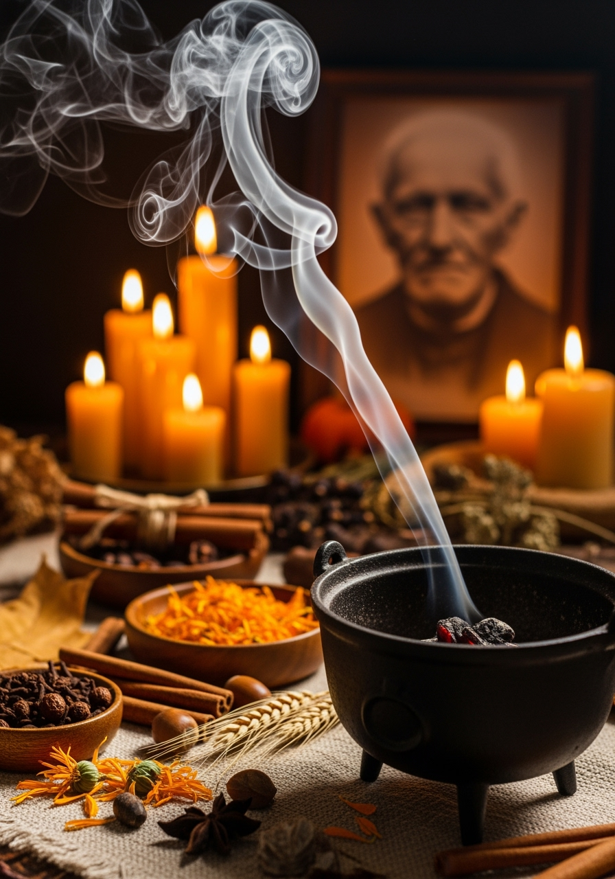 A black cauldron emits curling smoke beside bowls of herbs, cinnamon sticks, and dried flowers on a Samhain altar. Lit candles glow behind a framed ancestor photo, creating a warm, sacred scene for honoring the dead.