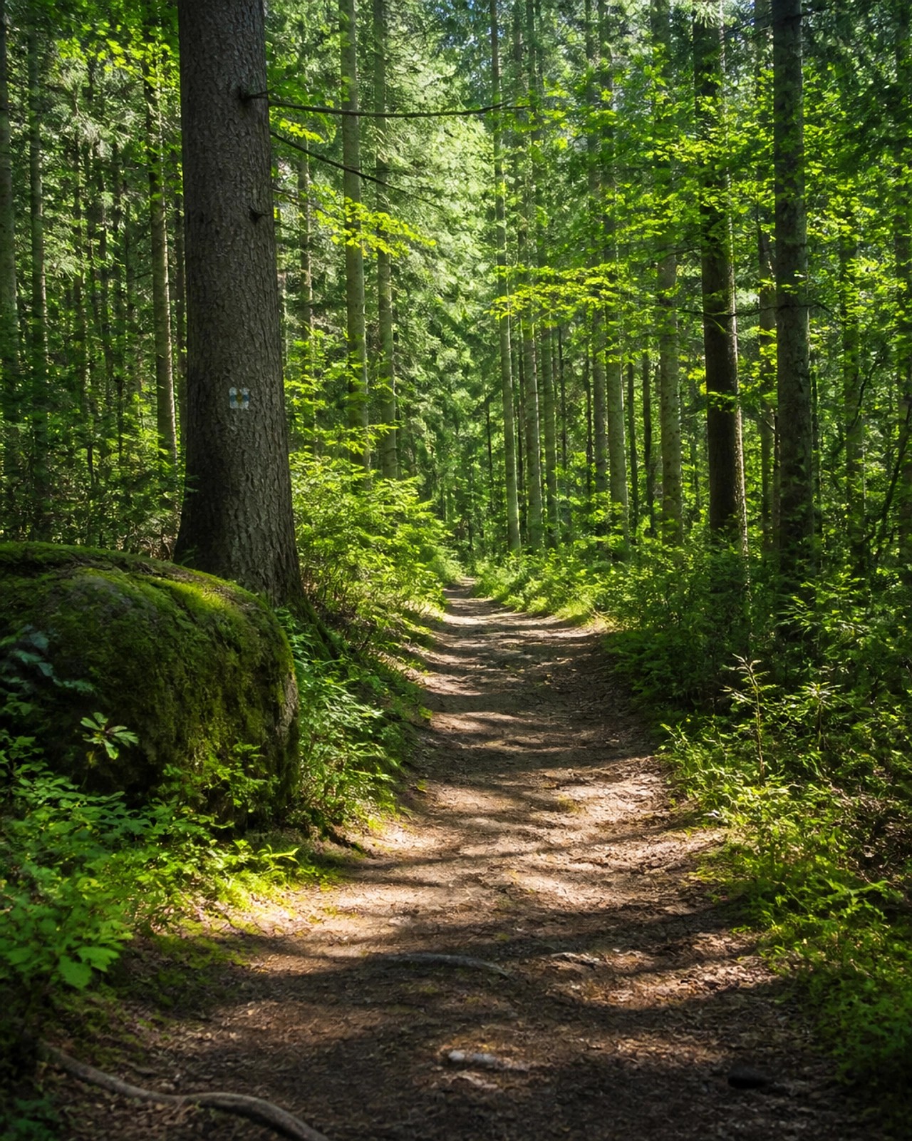 A well-worn dirt path winding through a lush, green forest with sunlight filtering through tall pine trees.
