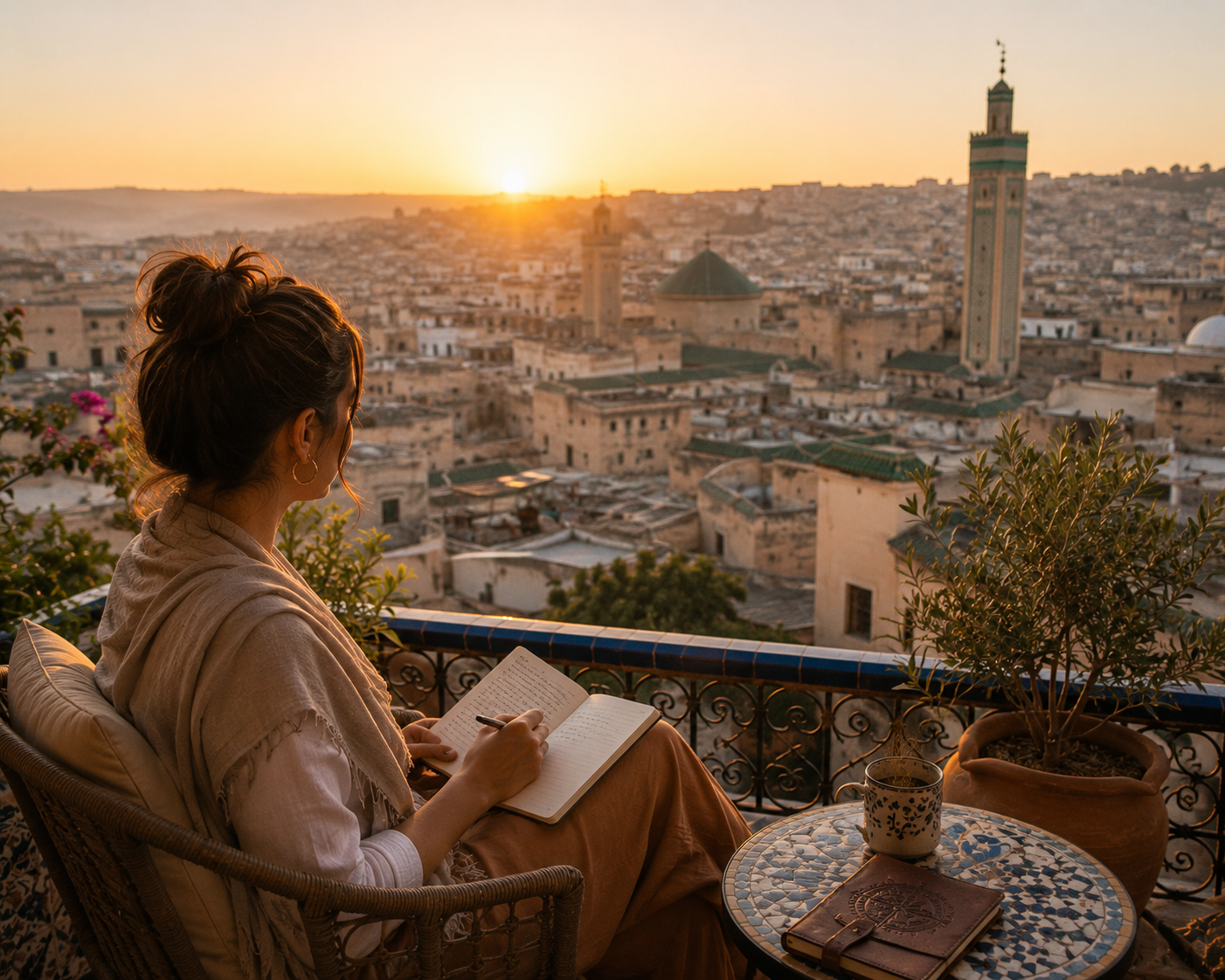 Solo woman traveler journaling quietly on a balcony overlooking an old city at sunrise