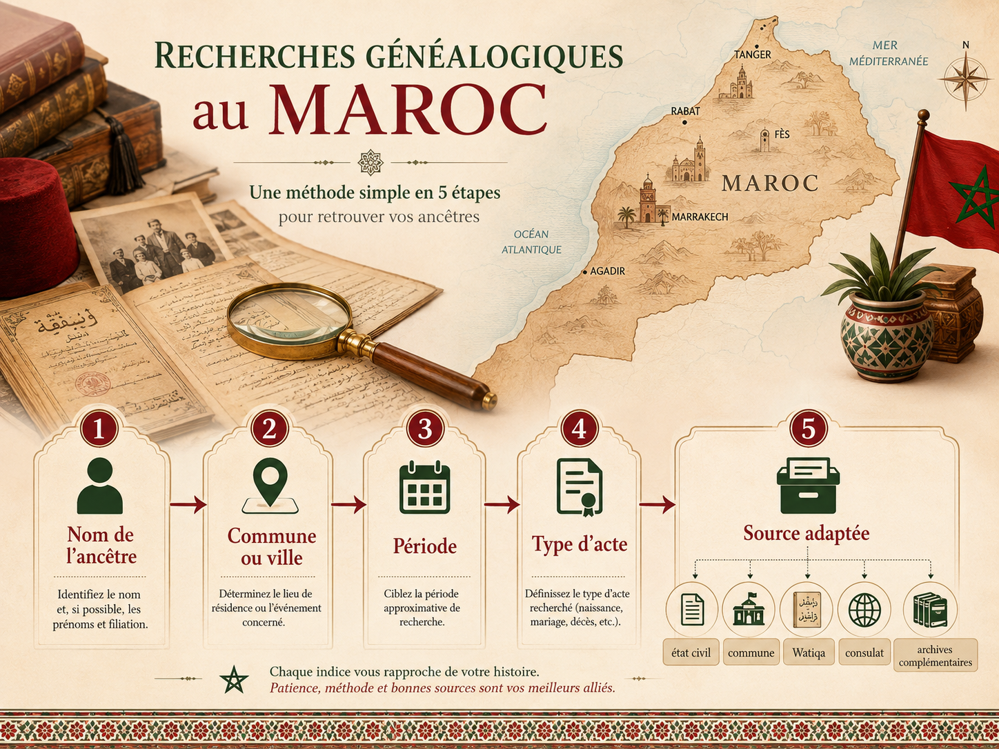 Schéma avec carte du Maroc montrant les étapes pour rechercher ses ancêtres marocains à partir du nom, de la commune, de la période, du type d’acte et de l’état civil