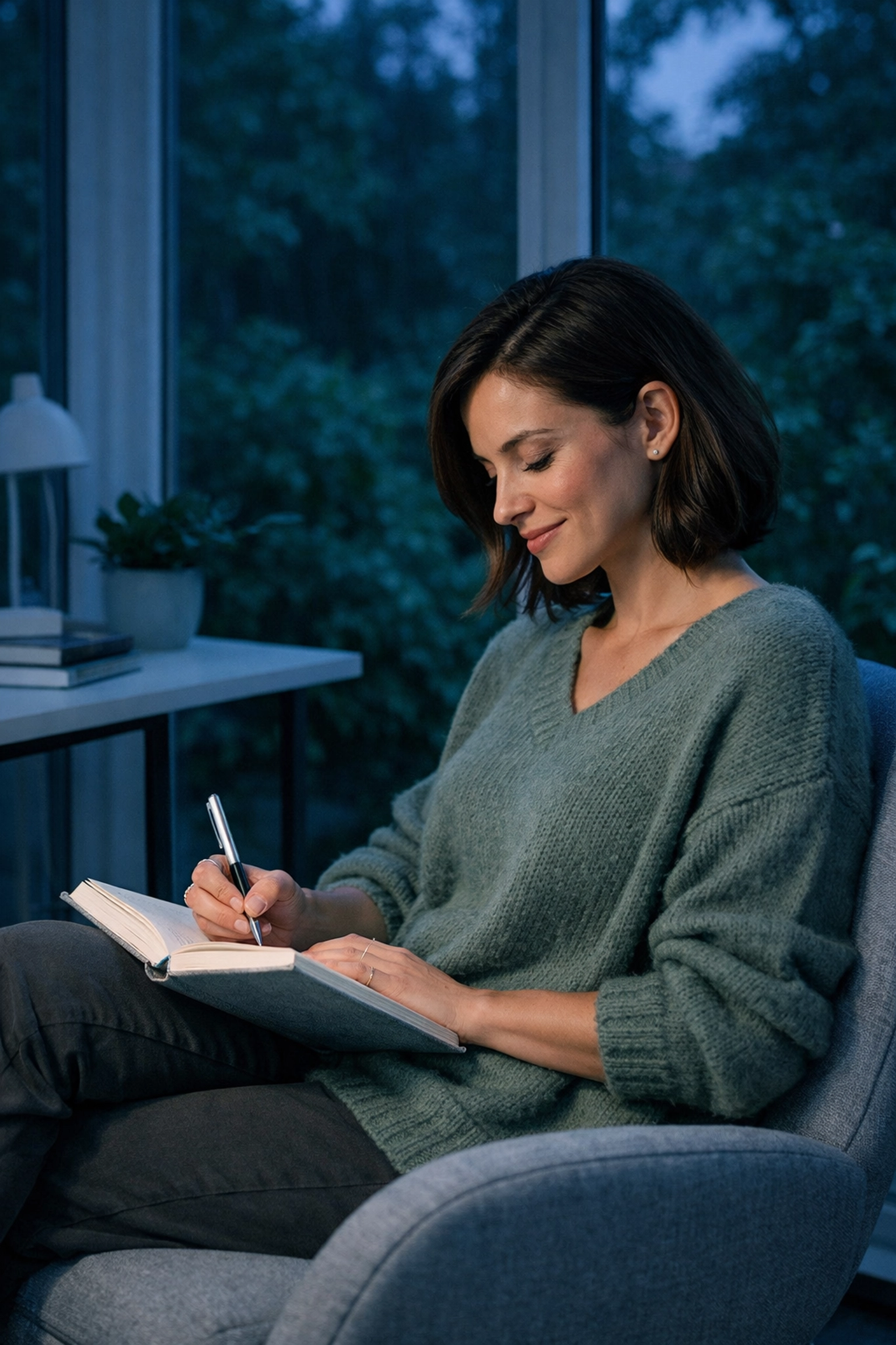 Close up of a hand writing a list of personal achievements in a notebook to improve self-appreciation.