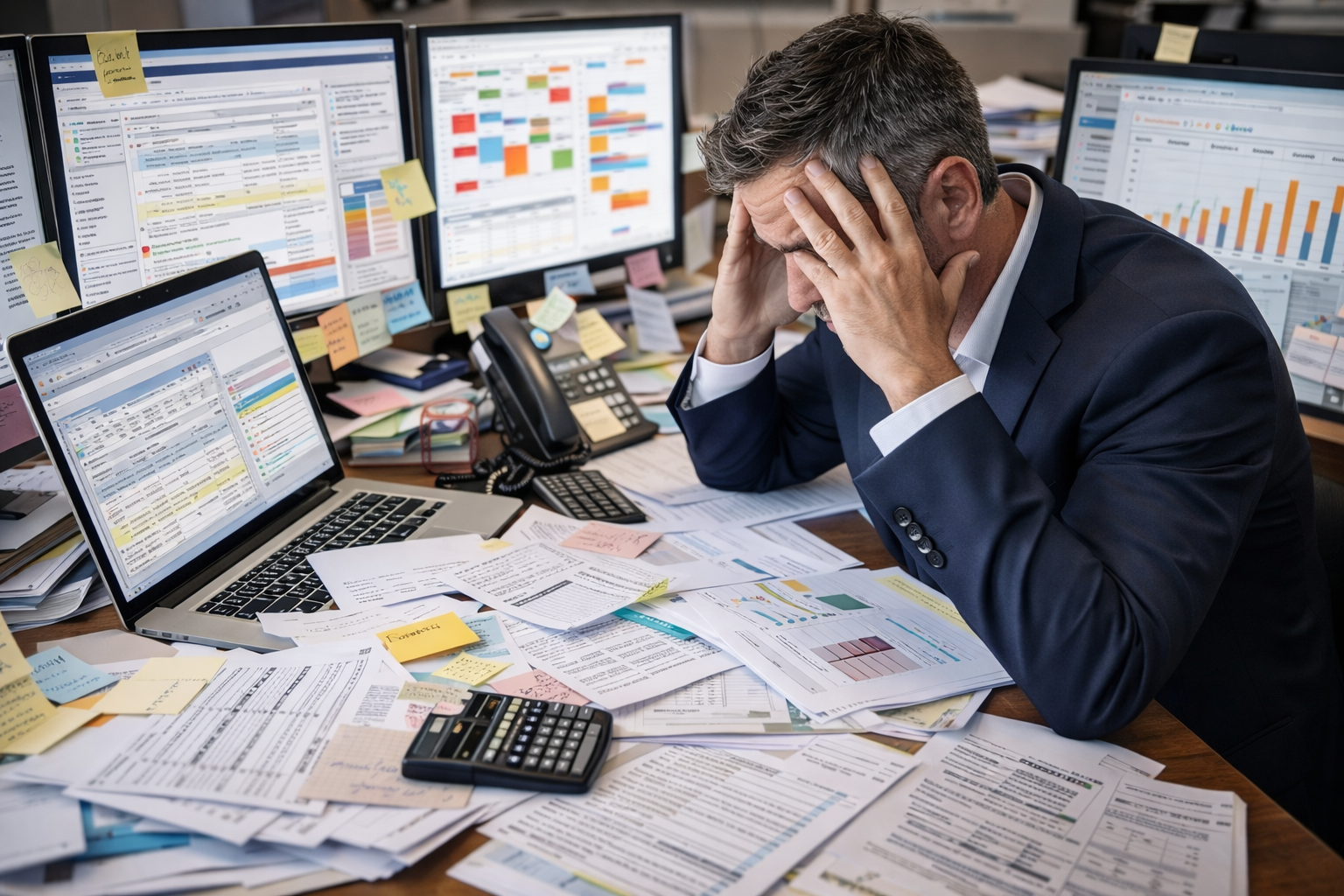 Overwhelmed hotel manager with lots of admin paperwork surrouunding him