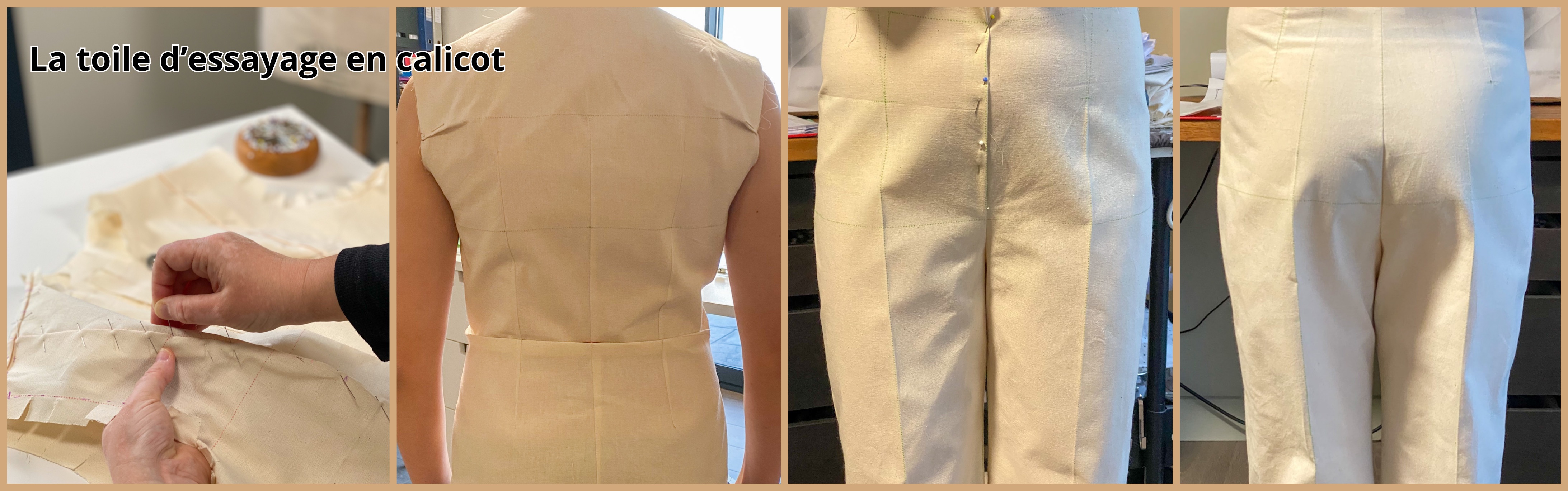 Essayage d’une toile de buste et de pantalon pour vérifier l’ajustement du patron avant la coupe dans le tissu final