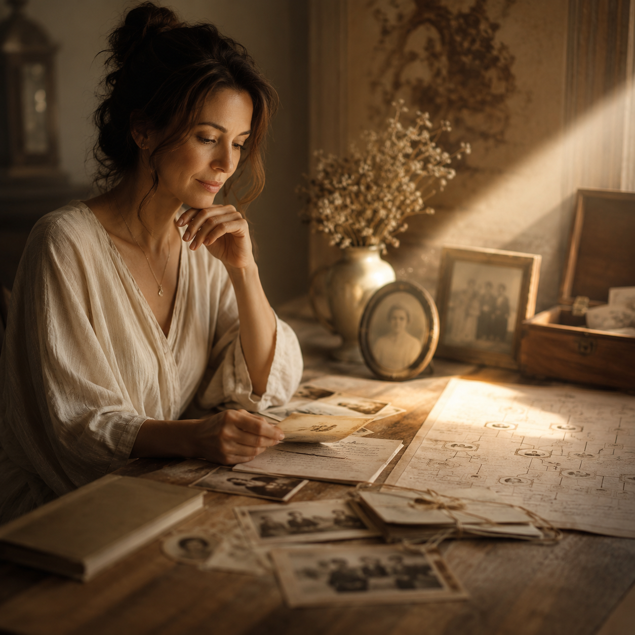 femme observant des souvenirs familiaux symbolisant les secrets de famille et les liens transgénérationnels