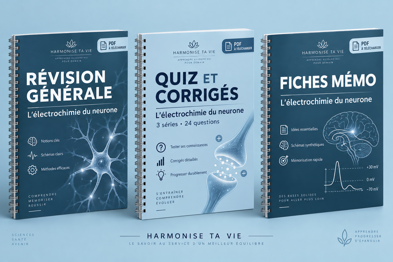 Trois cahiers PDF : révision générale, quiz et corrigés, fiches mémo — L’électrochimie du neurone