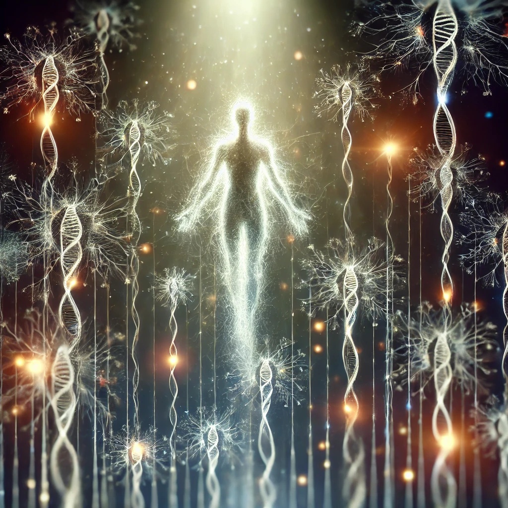 Silhouette humaine entourée de fils lumineux entrelacés, représentant les liens familiaux invisibles et les mémoires transgénérationnelles en psychogénéalogie