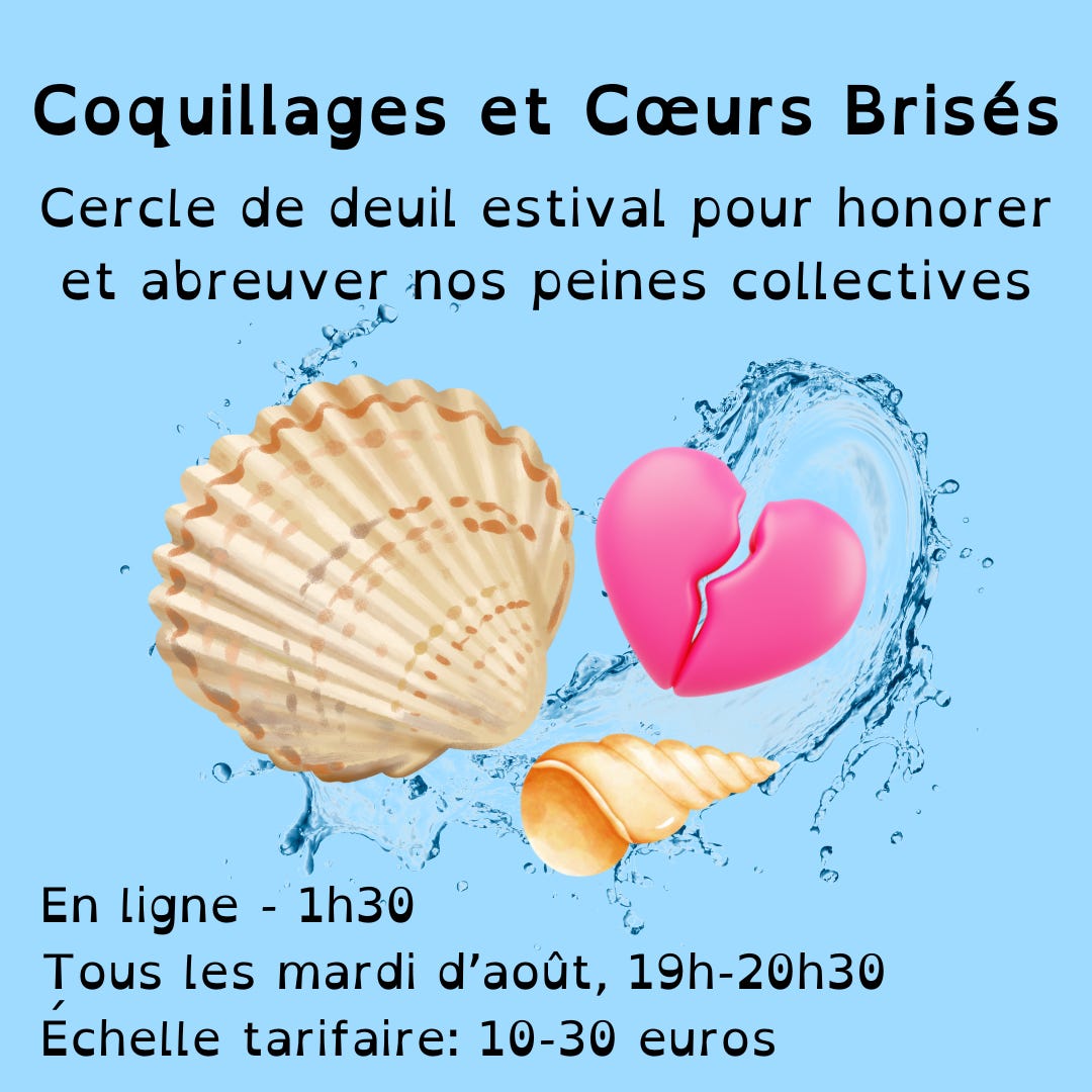Affiche de “coquillages et cœurs brisés" avec plusieurs coquillages et un cœur brisé rose entourés d'un splash d’eau sur un fond bleu ciel