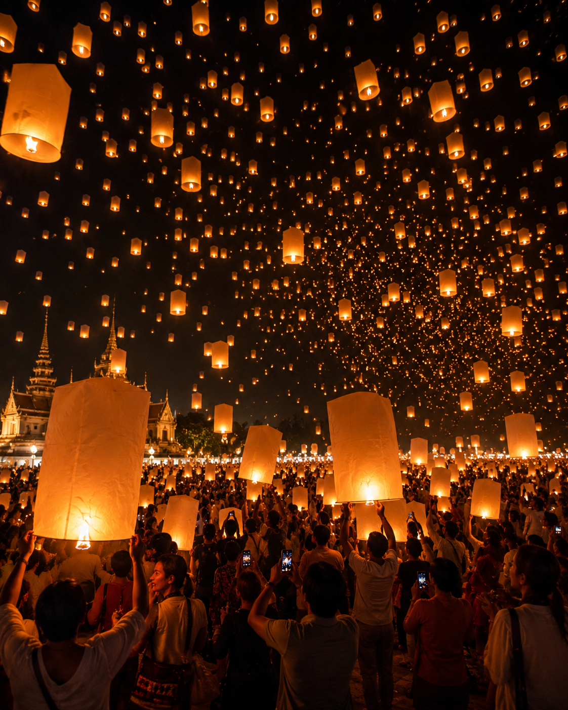 Hundreds of glowing sky lanterns floating upward into a dark night sky during the Yi Peng Lantern Festival in Chiang Mai, Thailand
