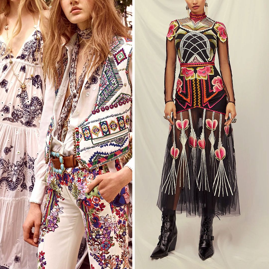 Collage of two runway looks: left, Roberto Cavalli Resort 2017 outfit featuring floral and folkloric embroidery on a vest, shirt, and trousers in bold 1970s-inspired colours; right, Temperley London Fall 2023 sheer tulle dress with vivid botanical embroidery and structured, romantic layering