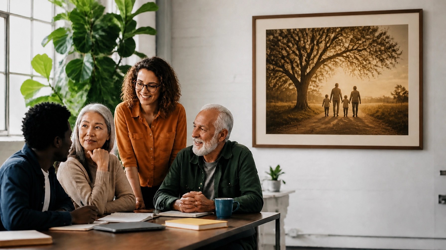  Diverse adults sharing ideas around a table beneath framed artwork representing family and legacy.