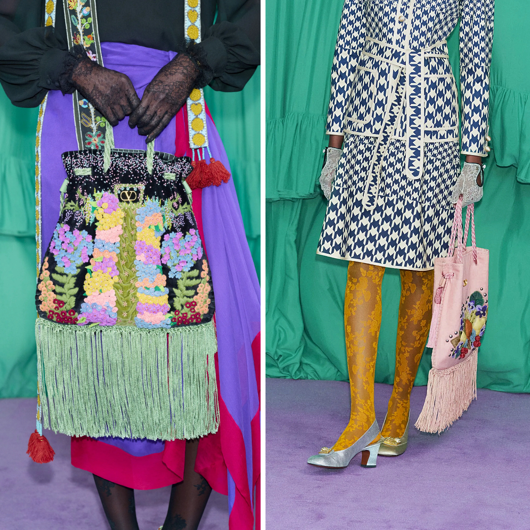 Valentino Pre-Fall 2025 features embellished drawstring pouches with bold floral embroidery, long fringe, and pastel tones