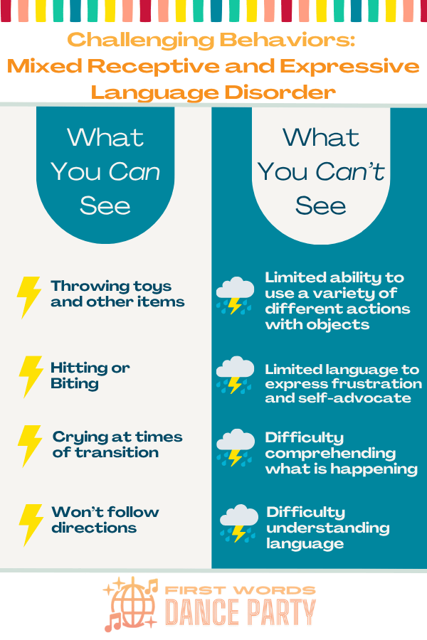 An infographic illustrating common challenging behaviors in mixed receptive and expressive language disorder.