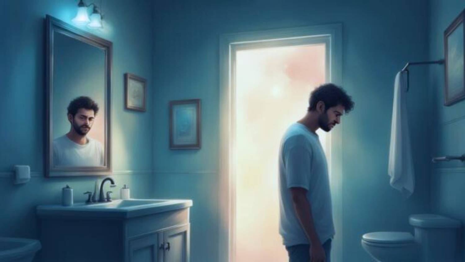 A person standing alone in a bathroom, looking down with a tired and reflective expression, illustrating the moment of awareness when an anxiety spiral is recognized.