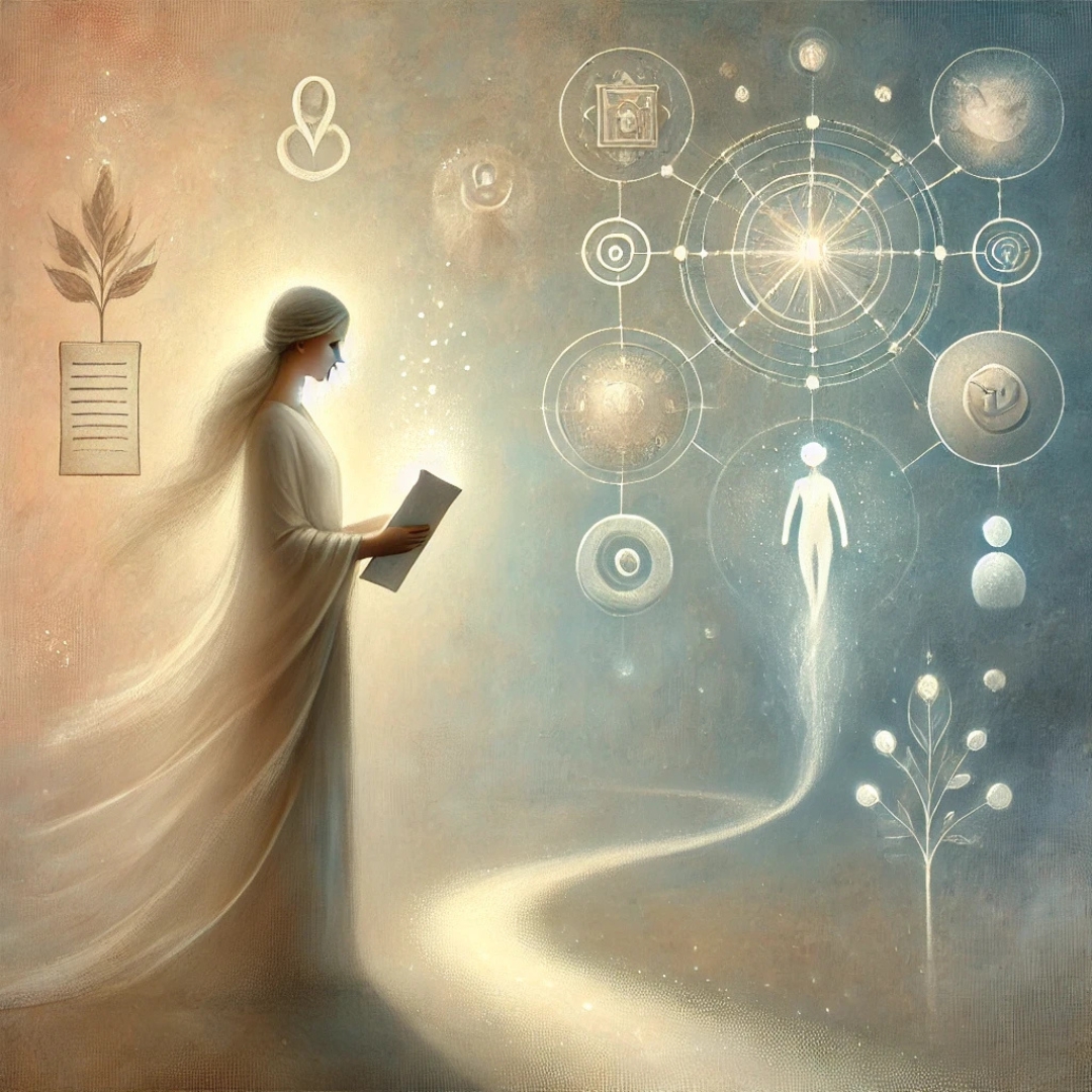 Femme recevant un document lumineux dans un paysage doux, symbolisant les ressources disponibles pour se libérer du syndrome du gisant