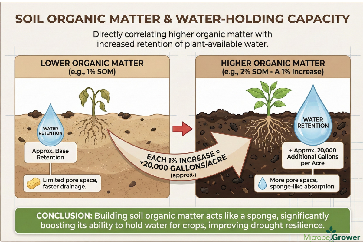 Organic matter, contact directly correlates with water holding capacity. Each one percent increase in soil organic matter enable soil to retain approximately 20,000 additional gallons of plant available water per acre.