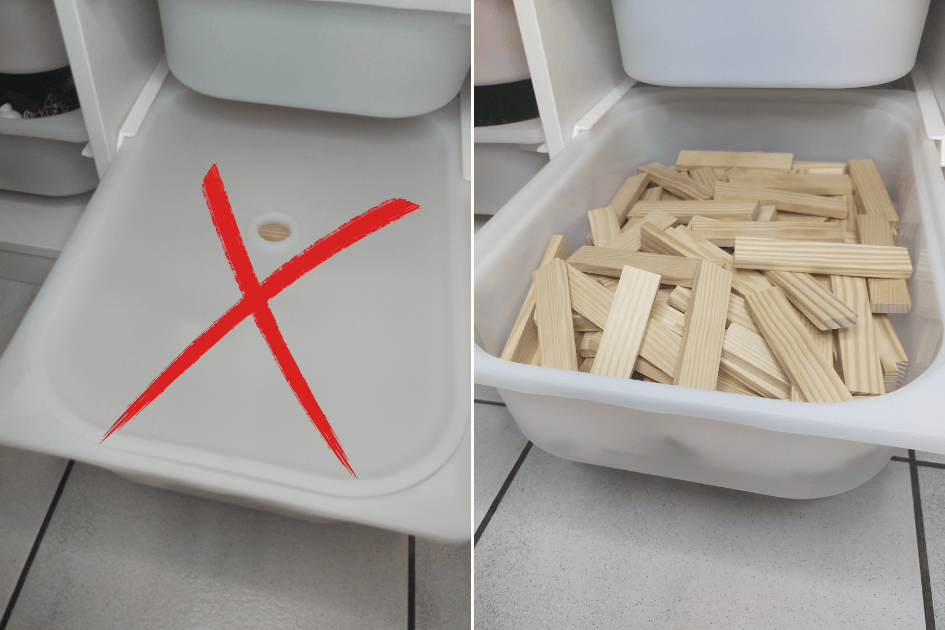 Retirer les couvercles des bacs pour faciliter le rangement.